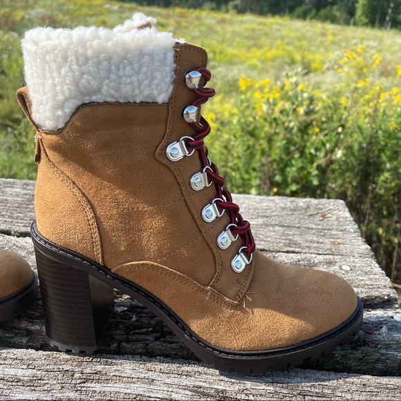 8 10 NWT Nine West tan chunk heel faux fur suede vegan moto combat boots - Picture 5 of 13